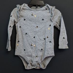 Gap Gray, Black, Gold Mickey & Minnie Mouse Ruffle Long Sleeve Onesie